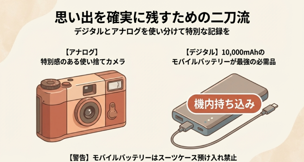 アナログな使い捨てカメラと、機内持ち込みの注意書きがあるモバイルバッテリーのイラスト