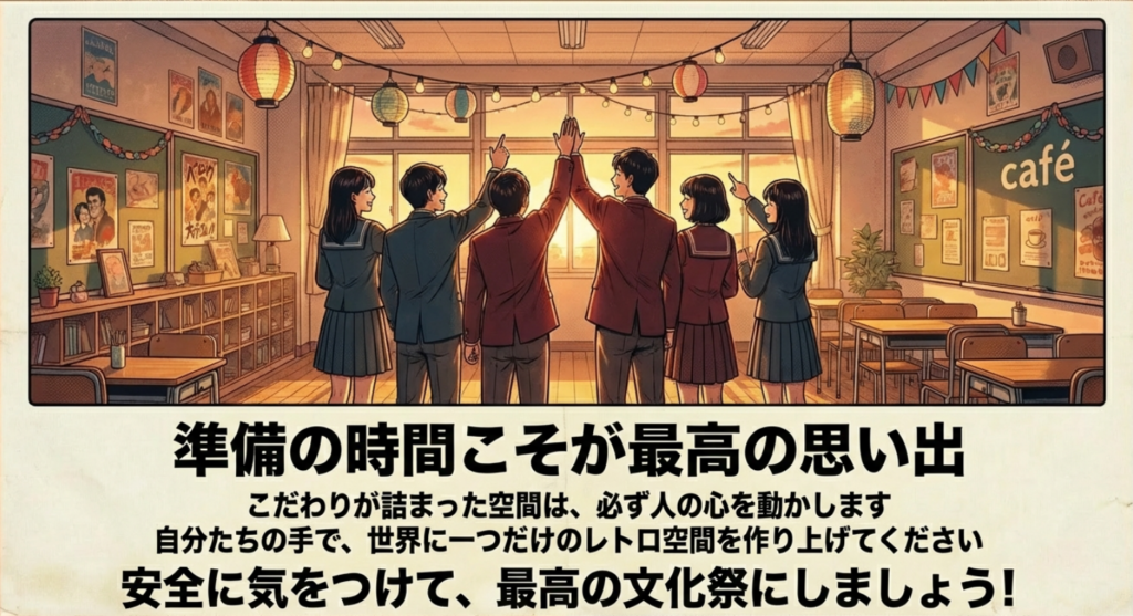 「準備の時間こそが最高の思い出」というメッセージと、安全で最高の文化祭を願う締めくくりのスライド