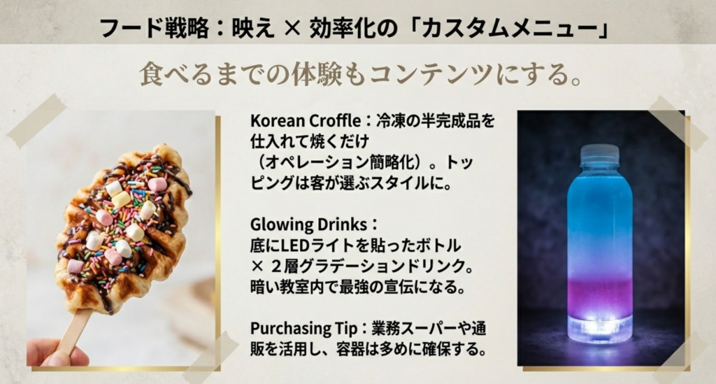 韓国風クロッフルのカスタム販売と、暗い教室で宣伝効果を発揮する「光るドリンク」の解説スライド