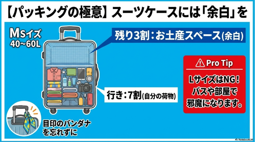 パッキングの極意。スーツケースはMサイズにし、行きは7割、残り3割はお土産スペースの余白を作る