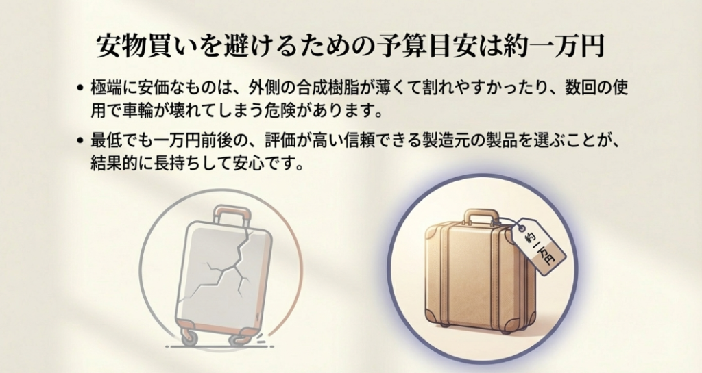 安物買いを避けるための予算目安は約一万円。最低でも一万円前後の評価が高い製品を選ぶことが長持ちして安心です