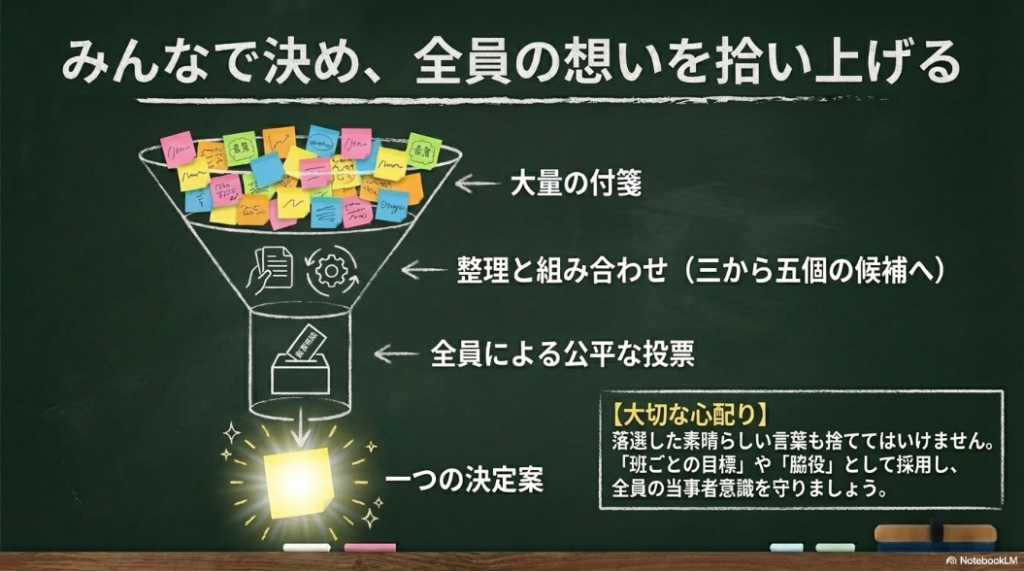 スローガン候補をグループワークで整理し、全員による公平な投票で決定する流れ