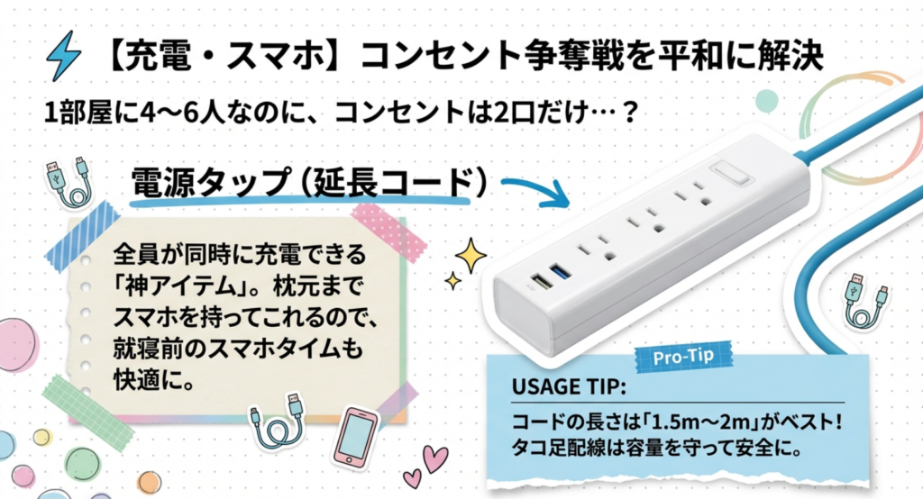 コンセント不足を解消する電源タップの紹介。コードの長さは1.5mから2mがベストであることや、安全な使い方のポイントを解説。