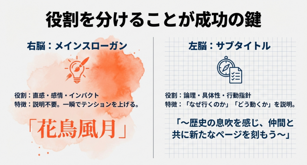 右脳に働きかけるメインスローガンと左脳に働きかけるサブタイトルの役割の違いを図解したスライド