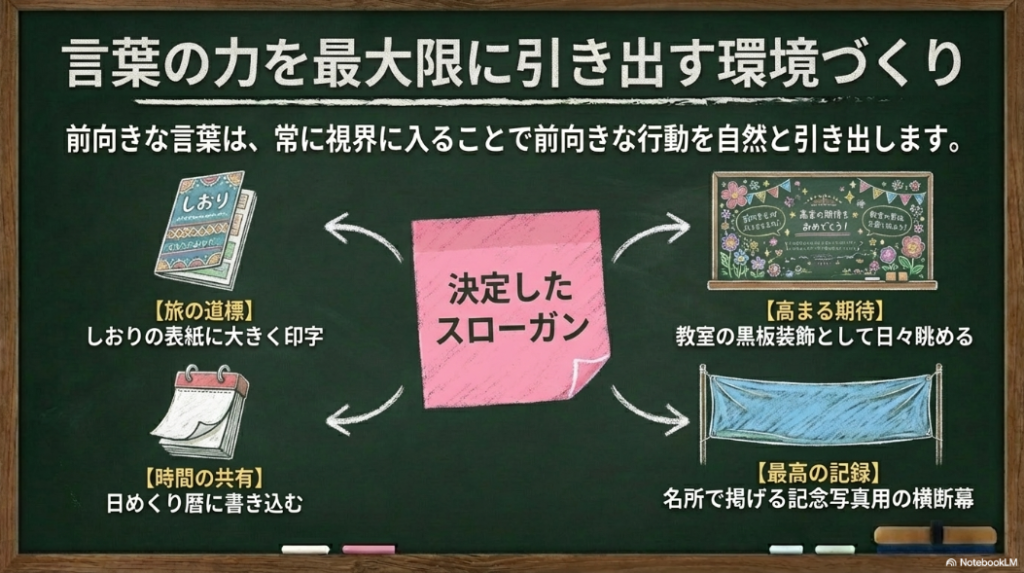 しおりや黒板、横断幕など言葉の力を最大限に引き出すスローガンの掲示アイデア