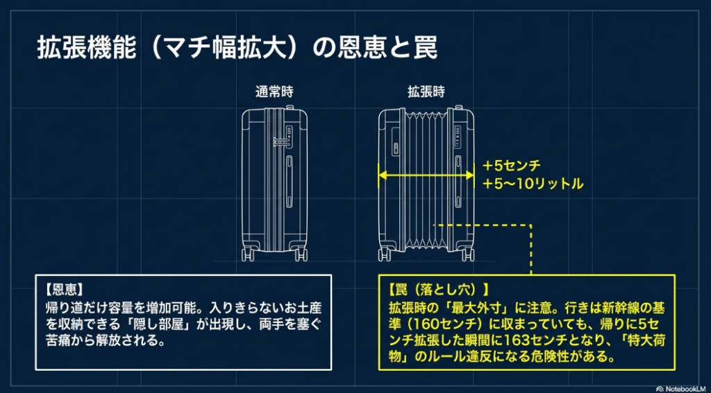 マチ幅を広げて容量を増加させるスーツケース拡張機能の仕組みと、新幹線の特大荷物サイズ超過に対する注意喚起