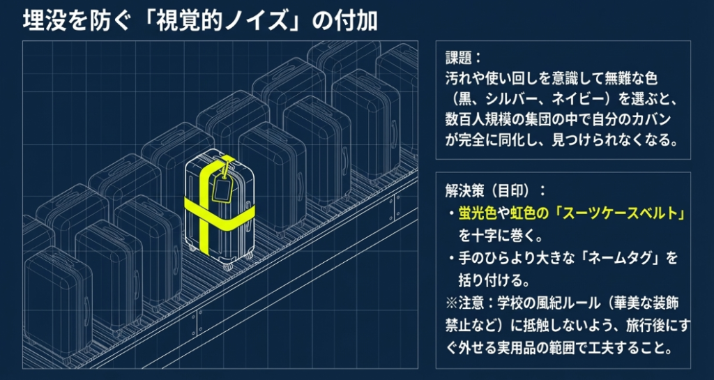 無難な色のカバンが大量に集まる修学旅行において、派手なベルトやネームタグで自分のカバンを目立たせる視覚的ノイズの付加方法