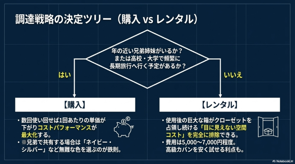兄弟の有無や今後の長期旅行の予定をもとに、スーツケースを購入するかレンタルするかを判断する決定ツリー