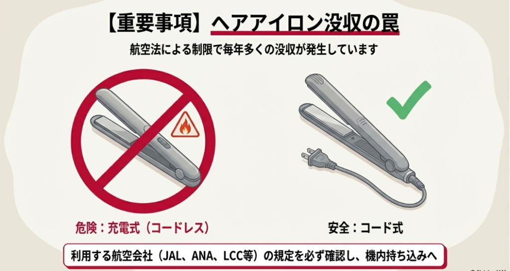 赤い禁止マークがつけられたコードレスヘアアイロンのイラスト