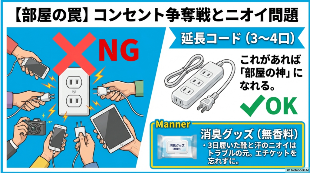 部屋の罠であるコンセント争奪戦とニオイ問題。延長コードと無香料の消臭グッズがおすすめ