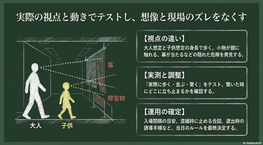大人と子供の身長差による視点の違いを確認し、幕や障害物、入場間隔、退出誘導を実際に歩いて調整する図