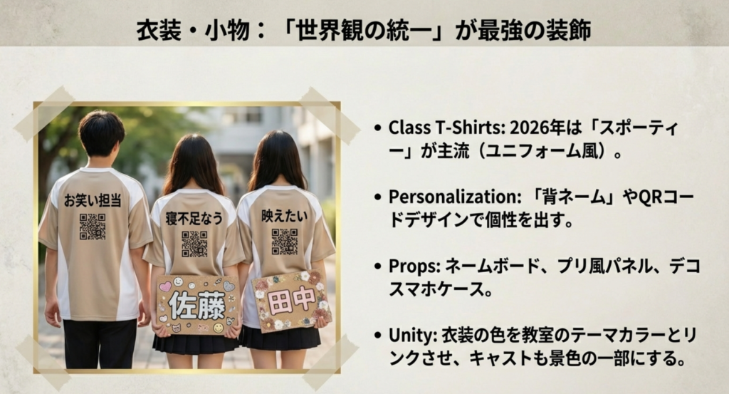 スポーティーなクラスTシャツのデザイン例と、ネームボード等の小道具で世界観を統一するメリットの説明スライド