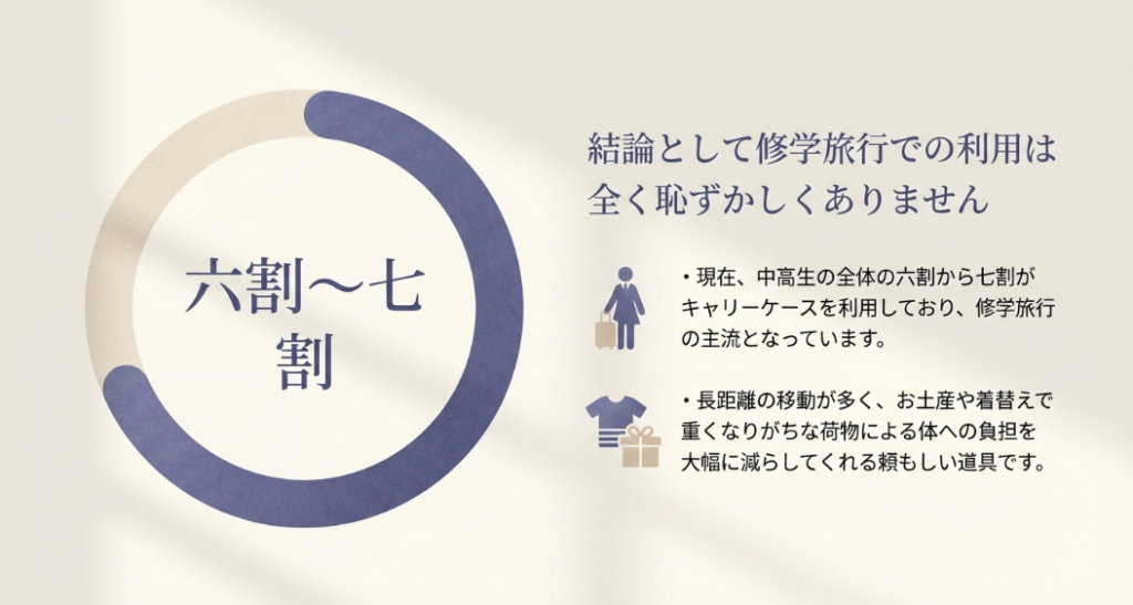 中高生の全体の六割から七割がキャリーケースを利用しており、修学旅行での利用は全く恥ずかしくありません