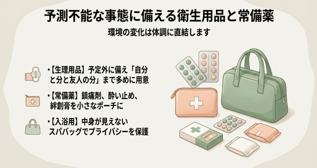 衛生用品や常備薬などのアイコンが描かれたイラスト