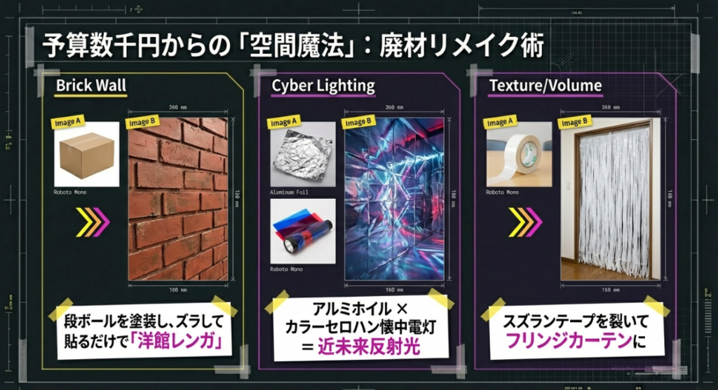 段ボールのレンガ塗装、アルミホイルの反射光、スズランテープのフリンジカーテンなど安価な素材の活用法