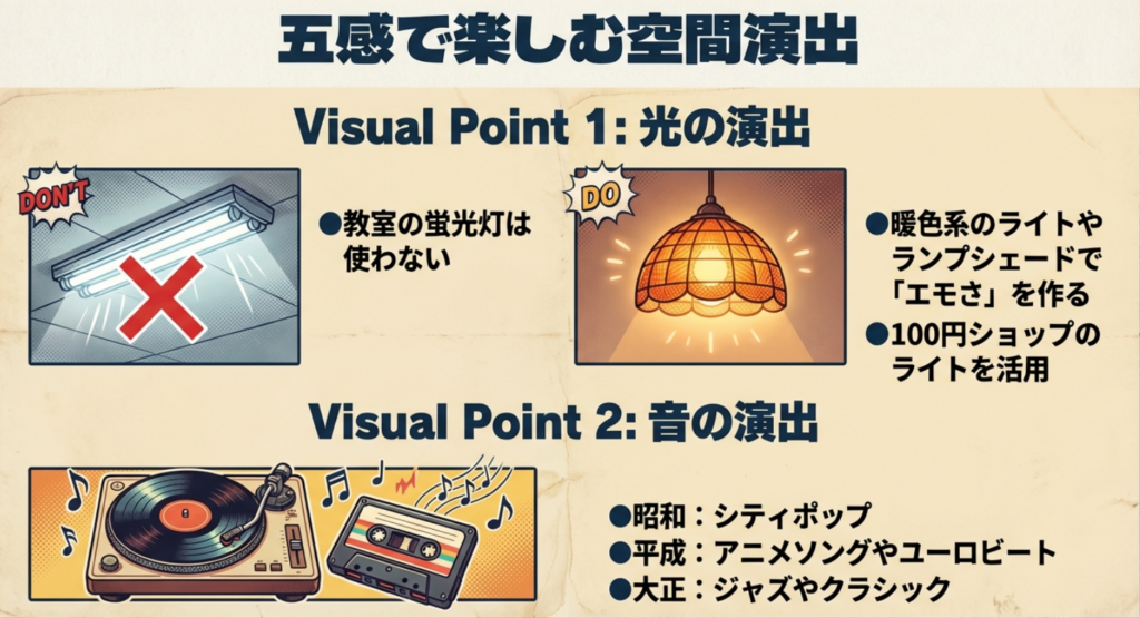 暖色系ライトの使用や、時代に合わせたBGM（シティポップやジャズ等）の選び方を解説したスライド