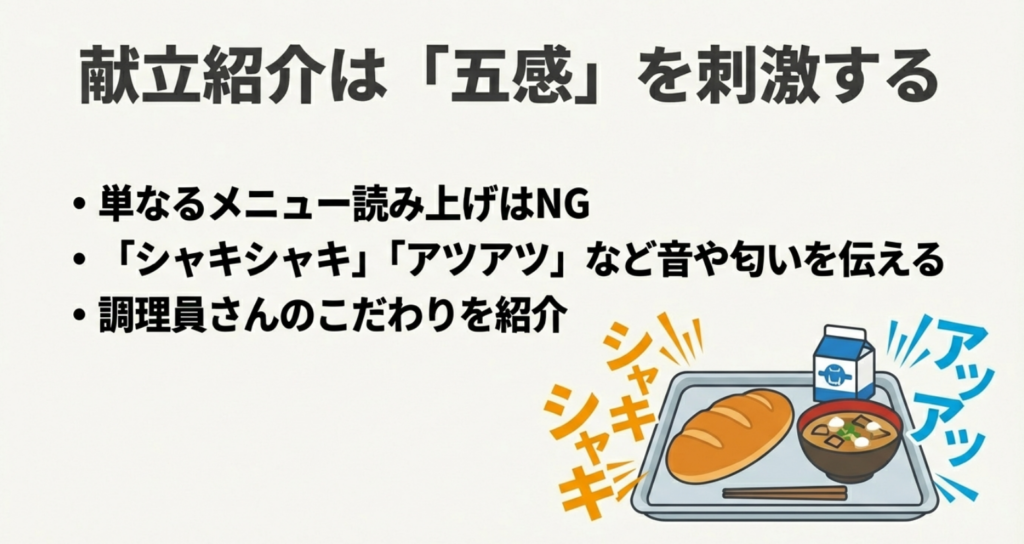 単なるメニュー読み上げではなく、「シャキシャキ」などの擬音や調理員さんのこだわりを伝える献立紹介のスライド。給食のイラスト。