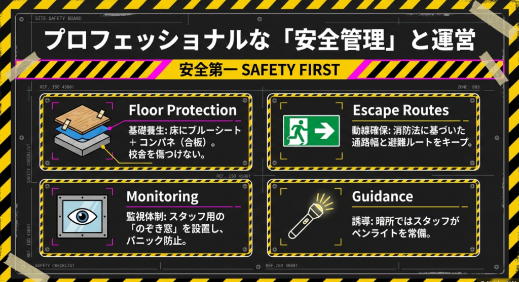 単管パイプとキャスターを使用したコーヒーカップの設計図と、万歩計や足つぼマットを使ったスポーツ企画の例