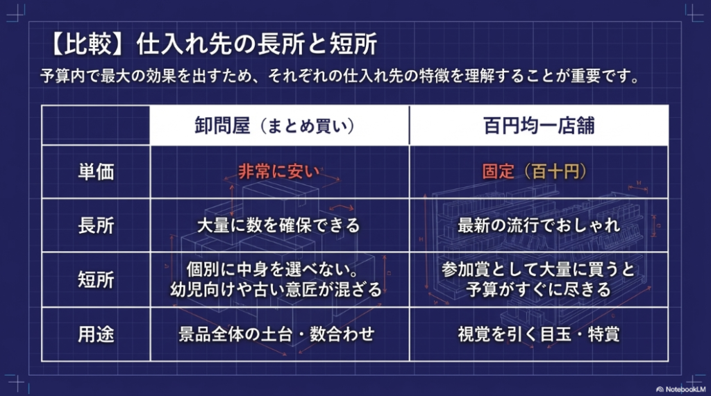 卸問屋と百円均一店舗の単価、長所、短所、用途を比較した表