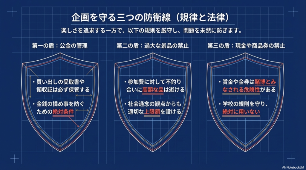公金の管理、過大な景品の禁止、現金や商品券の禁止という3つの防衛線を示す盾のイラスト
