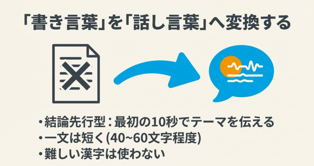 書き言葉を話し言葉に変換し、一文を40〜60文字程度に短くする、難しい漢字を避けるといったポイントを解説するスライド。