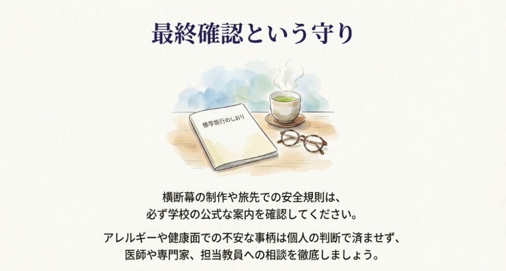 机に置かれた修学旅行のしおりと温かいお茶、眼鏡のイラスト
