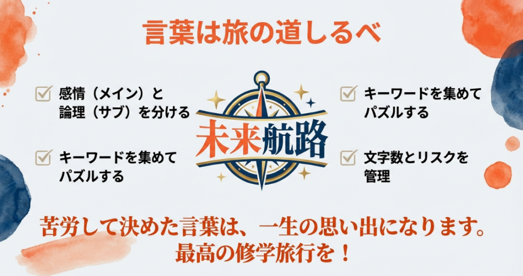 修学旅行のスローガン作りのポイントまとめ。感情と論理を分ける、キーワードをパズルする、文字数とリスクを管理するなど