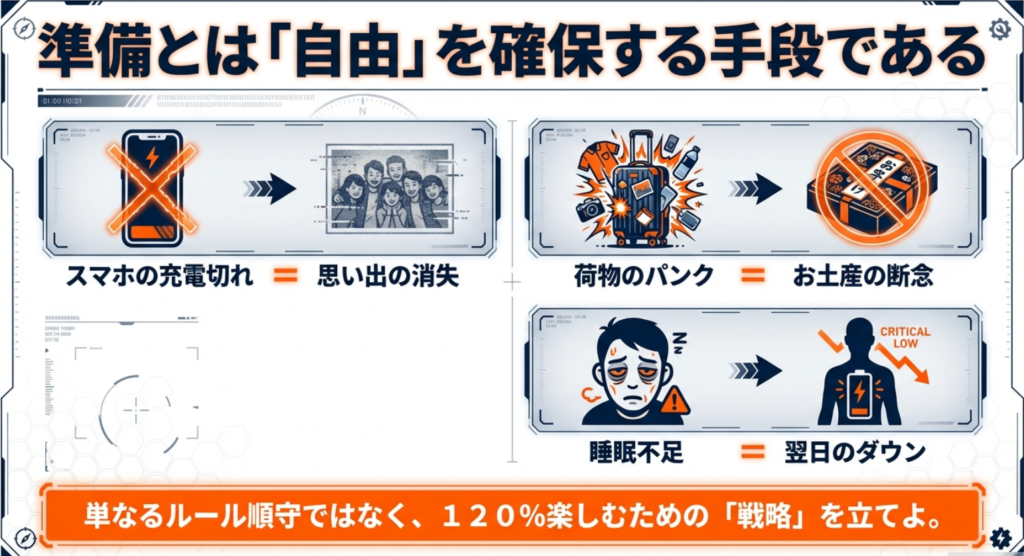 スマホの充電切れ、荷物のパンク、睡眠不足が引き起こすリスクと、準備が自由を確保する手段であることを説明する図解