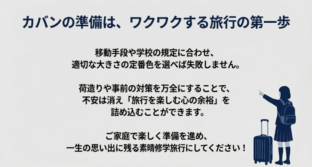 リュックとキャリーケースを持った中学生の後ろ姿と、修学旅行の準備を万全にするためのメッセージ