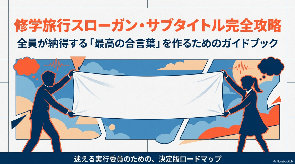 修学旅行のスローガンとサブタイトル完全攻略ロードマップ。横断幕を持つ男女の学生のイラスト