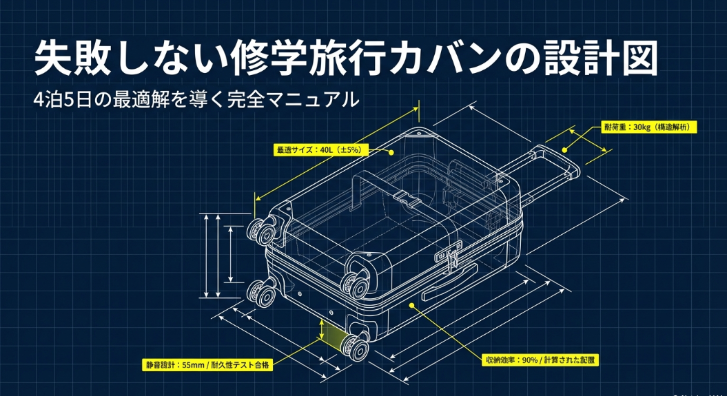 40Lの最適サイズや静音設計・耐荷重を示す修学旅行用スーツケースの構造図