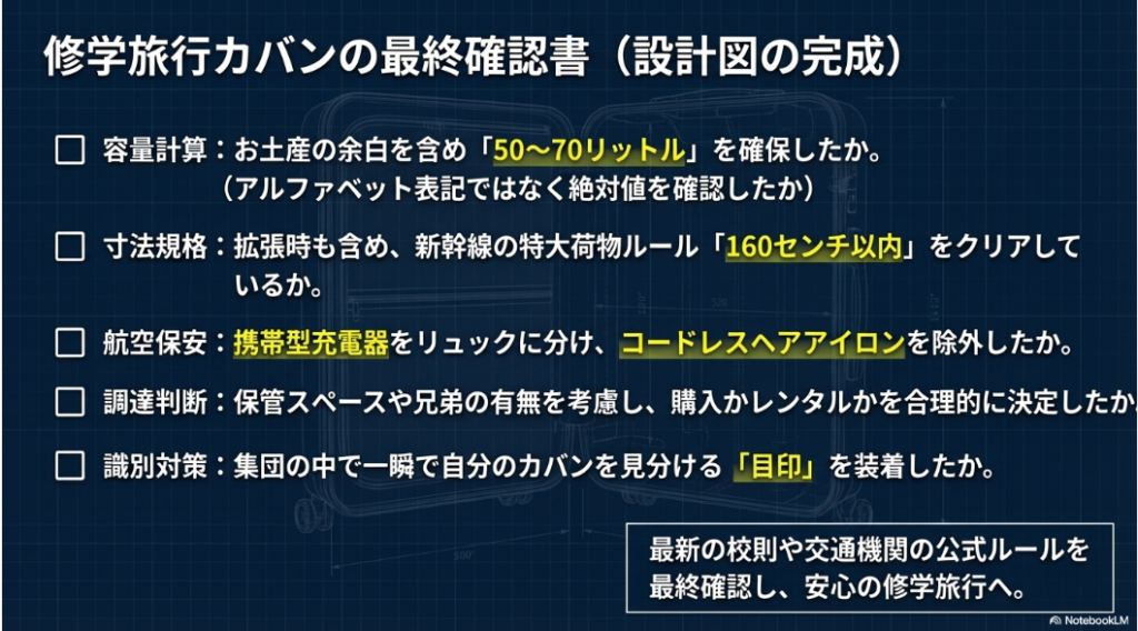 容量計算、寸法規格、航空保安、調達判断、識別対策の5項目を網羅した修学旅行カバンの最終確認チェックリスト