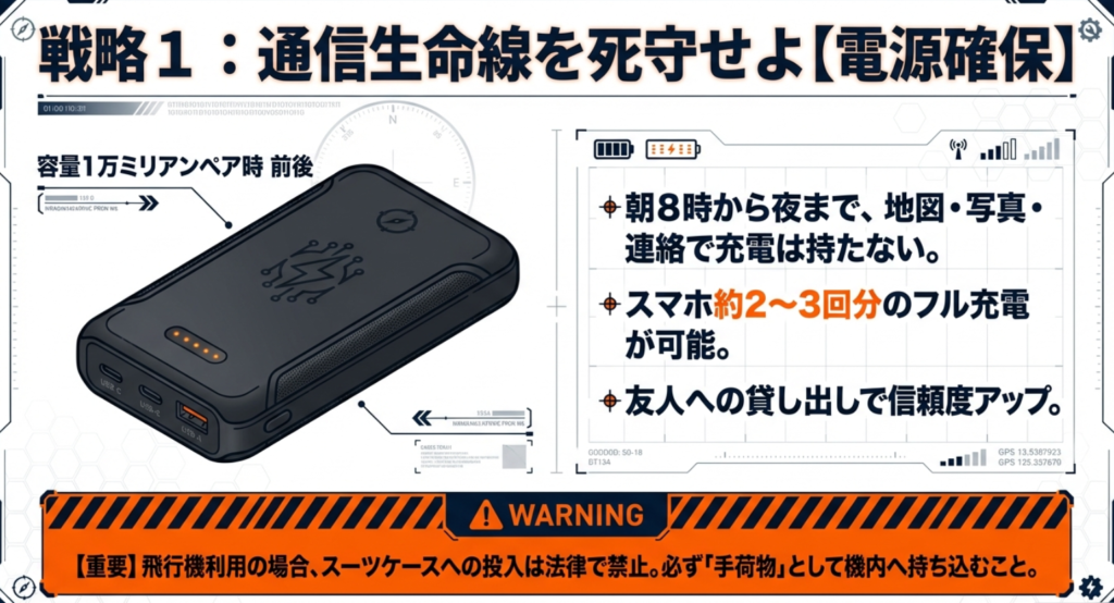 0,000mAhのモバイルバッテリーのイラストと、飛行機利用時は手荷物として持ち込む必要があるという注意書き