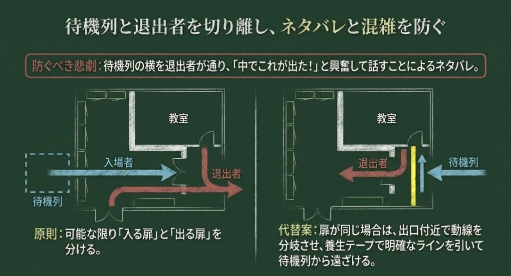 待機列と退出者の動線を分ける原則と、扉が同じ場合でも養生テープなどでラインを分ける代替案を示す図