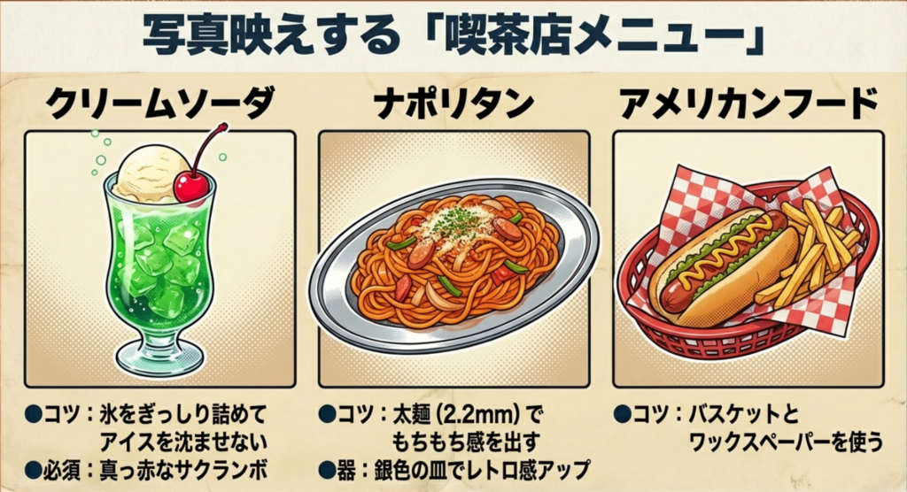 クリームソーダ、ナポリタン、アメリカンフードを美味しく「映える」ように見せるコツを記したスライド