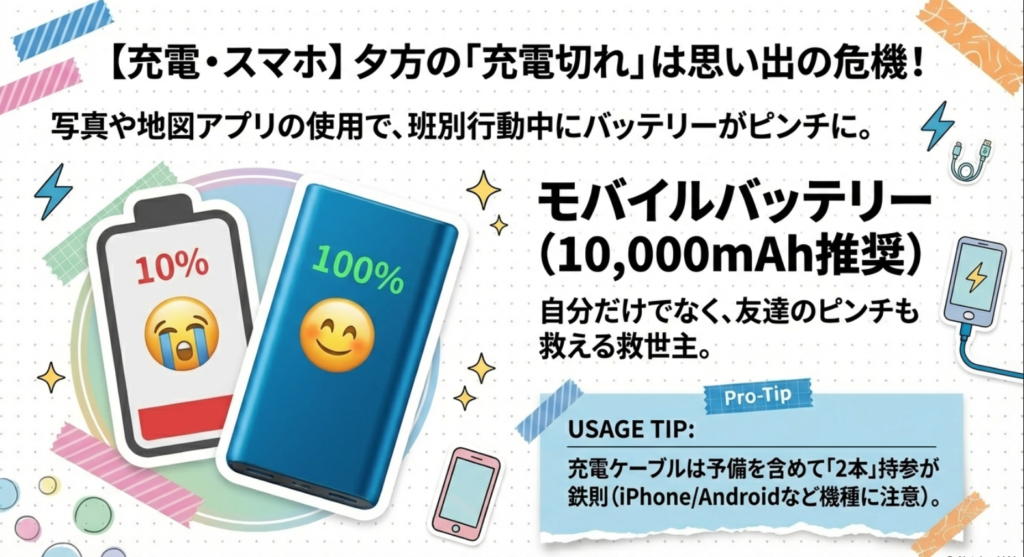 10,000mAh推奨のモバイルバッテリーと、予備を含めた2本の充電ケーブル持参を推奨するスライド。