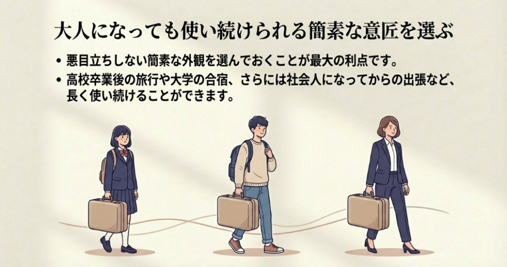 大人になっても使い続けられる簡素な意匠を選ぶ。高校卒業後や社会人になっても長く使い続けることができます