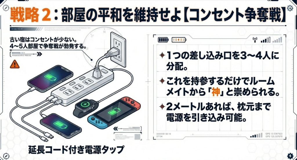一つのコンセントからスマホやゲーム機を複数同時に充電する電源タップのイラスト
