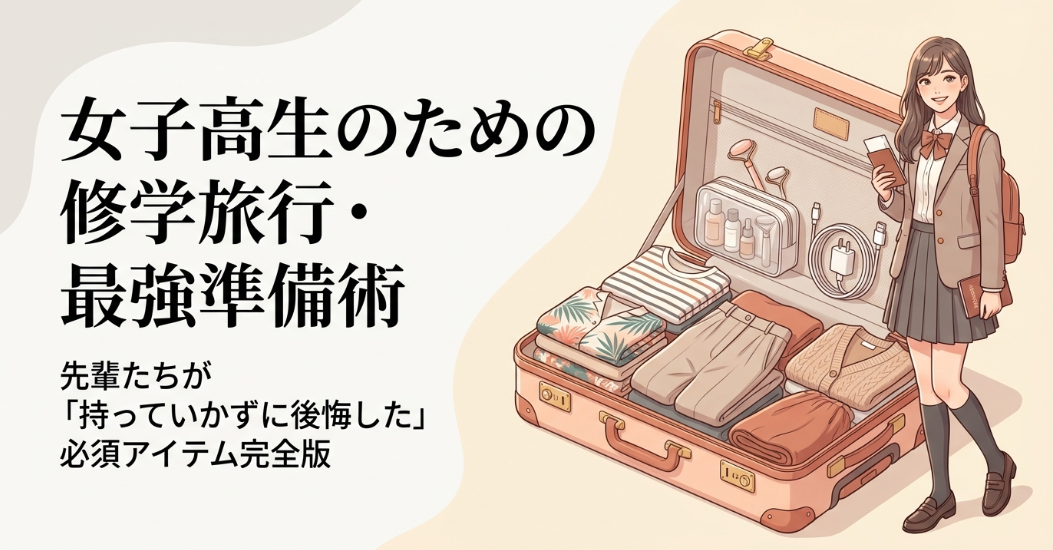 キャリーケースに荷物を詰める女子高生のイラストと「女子高生のための修学旅行・最強準備術」のタイトル文字