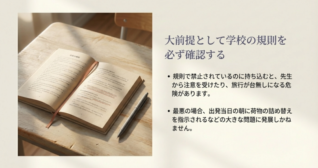 大前提として学校の規則を必ず確認する。規則で禁止されているのに持ち込むと旅行が台無しになる危険があります