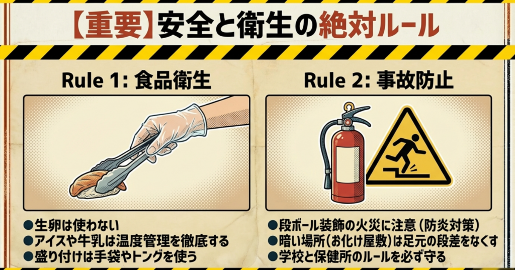 食品衛生（温度管理・手袋使用）と事故防止（防炎・段差解消）の重要ルールをまとめたスライド