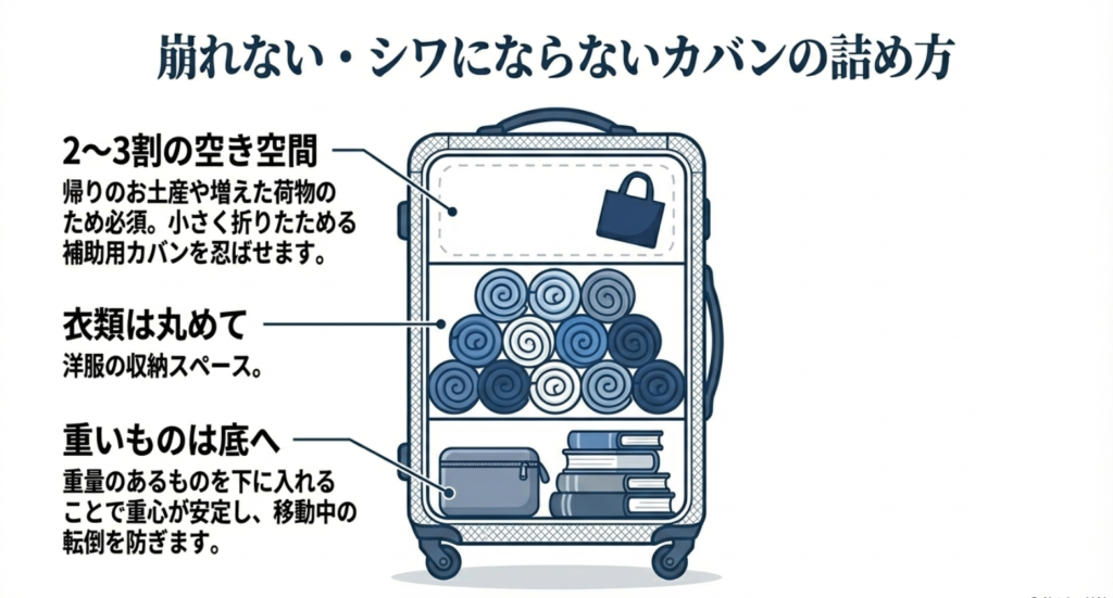 衣類は丸めて上部に、重いものは底に配置し、2〜3割の空き空間を残す荷造りの基本図解