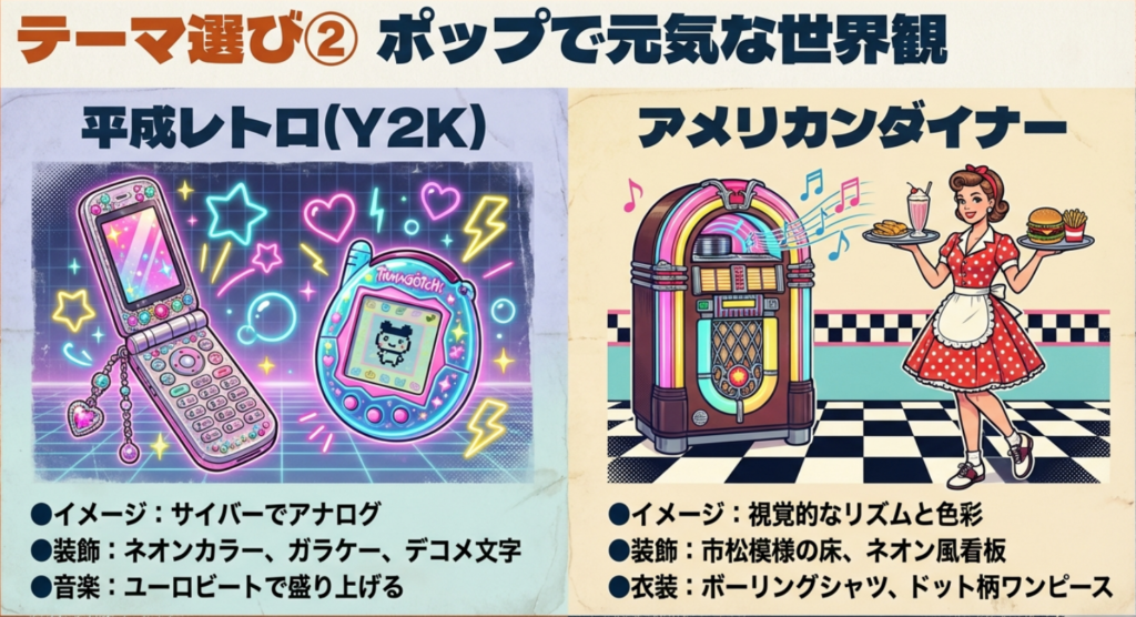 平成レトロ（Y2K）とアメリカンダイナーのサイバー・ポップな世界観と装飾のコツをまとめたスライド