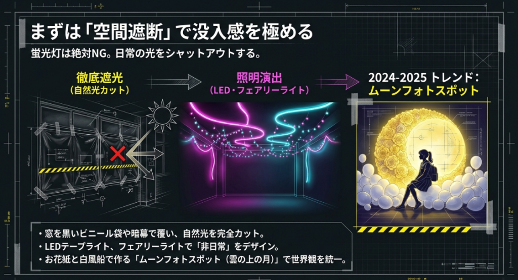 教室の窓を黒ビニールで遮光し、LEDライトとお花紙で雲の上の月を再現するフォトスポットの解説図