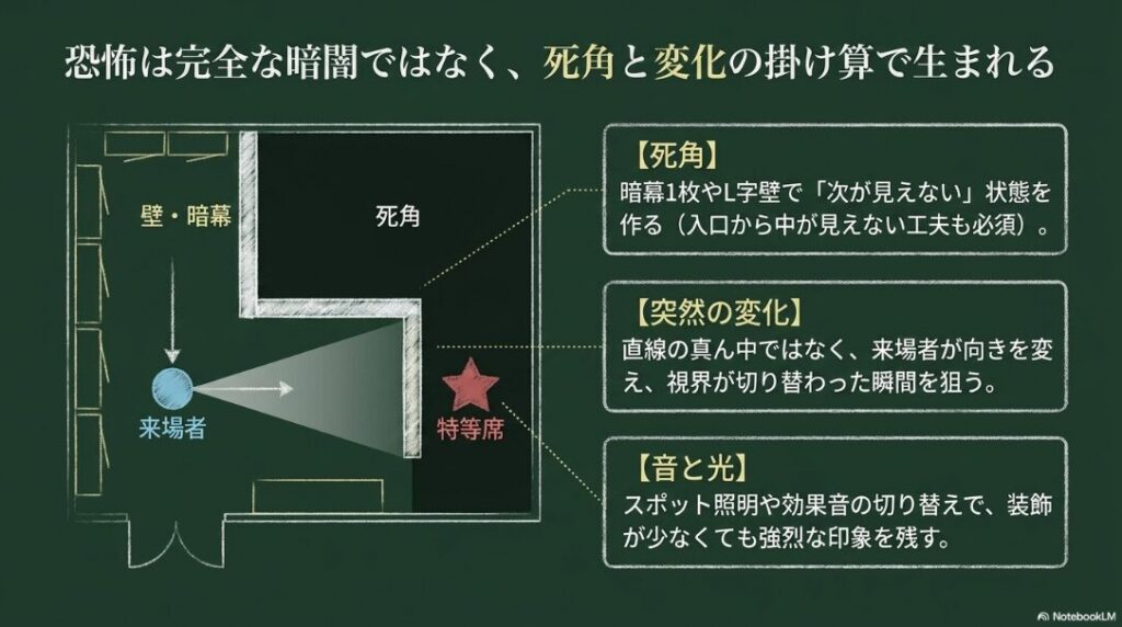 暗幕やL字壁で死角を作り、来場者の視界が切り替わる瞬間に音や光の変化を合わせる演出方法を示した図
