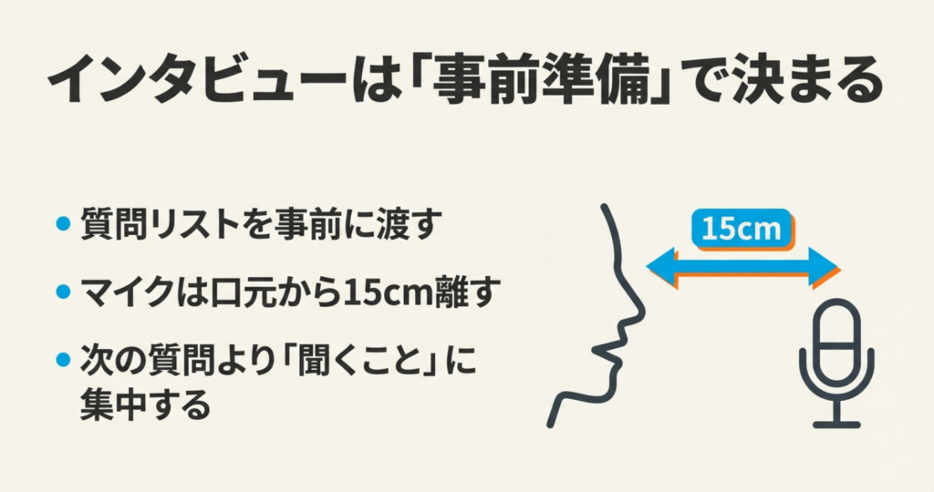 質問リストの事前配布、マイクを口元から15cm離すこと、聞くことに集中する重要性を説くインタビュー術のスライド。