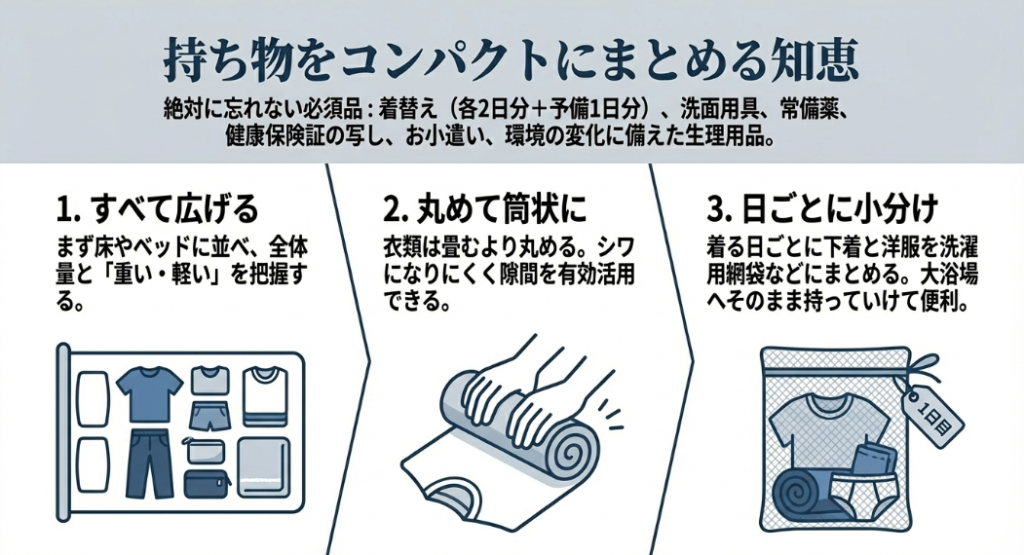 持っていくものをすべて広げ、衣類を丸めて筒状にし、着る日ごとに洗濯用網袋に小分けにするパッキングの手順
