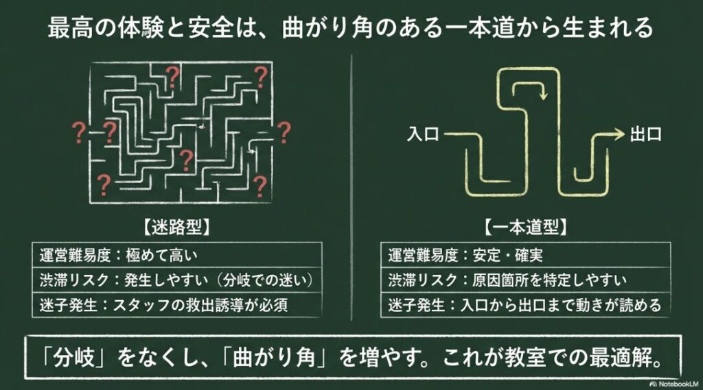 迷路型と一本道型を比較し、一本道は運営が安定し、渋滞原因や来場者の動きを把握しやすいことを示す図