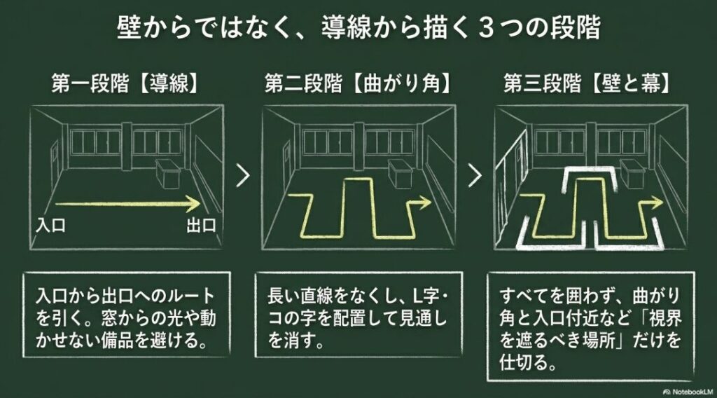 入口から出口への導線を引き、曲がり角を増やし、最後に壁や幕で視界を切る3段階の設計手順を示した図
