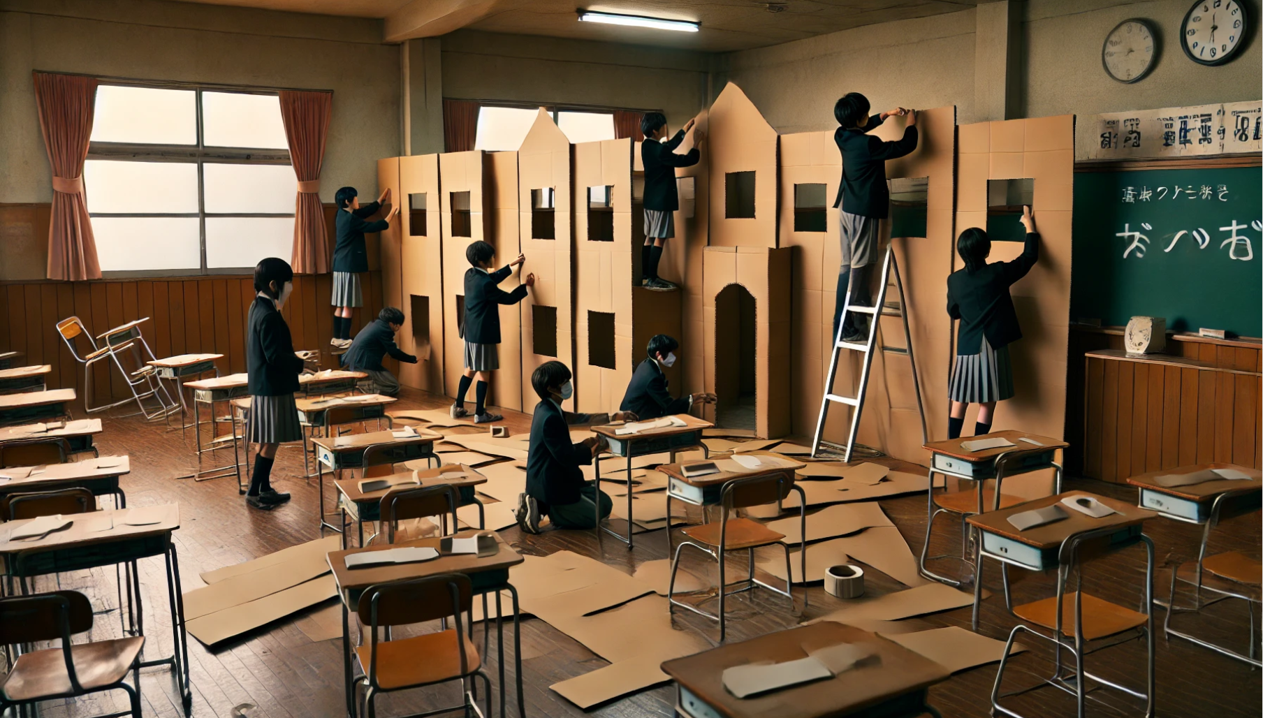 文化祭でのお化け屋敷の壁の段ボールを用いた作り方